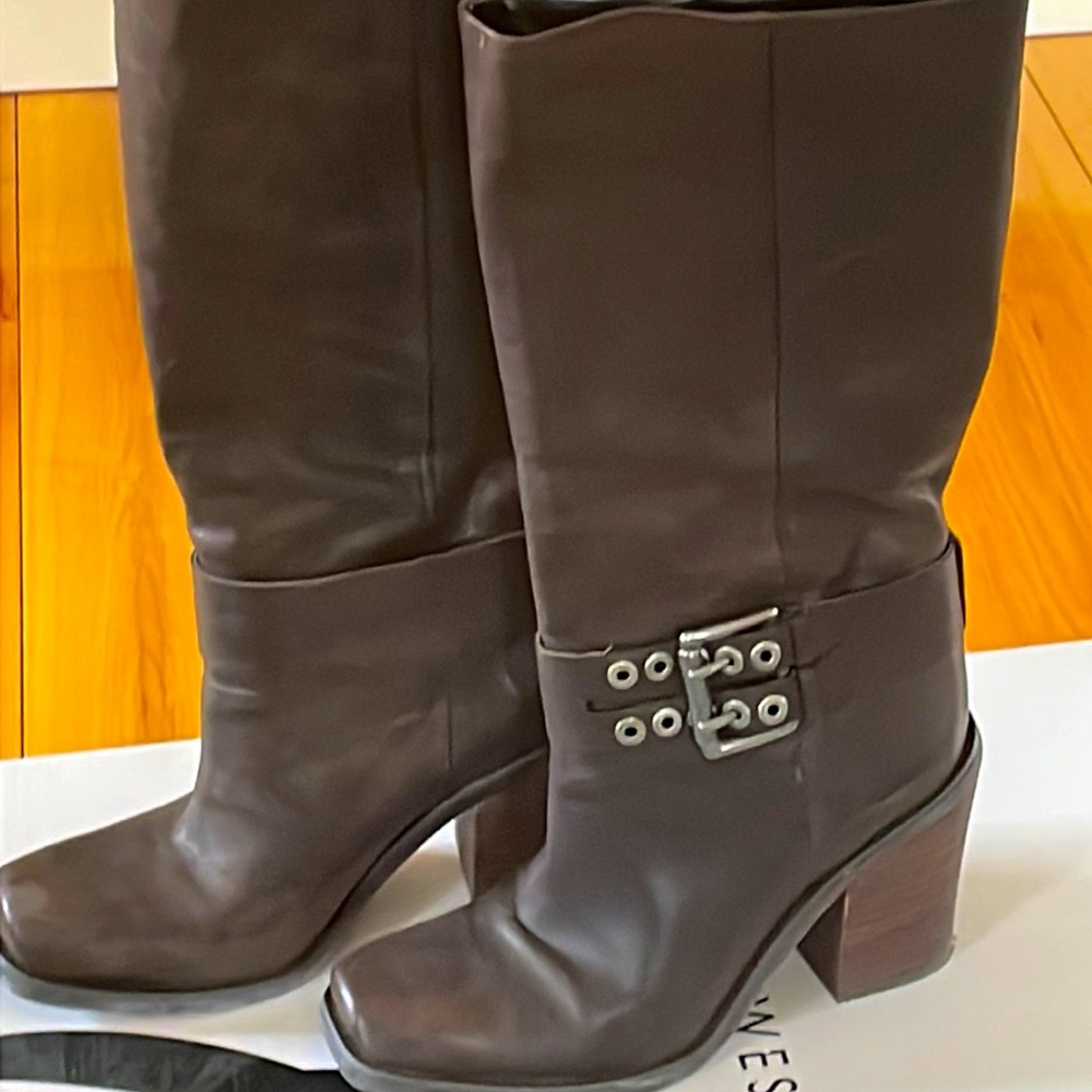 brown leather boot with block heel adjustable buckle around ankle ..  Like new